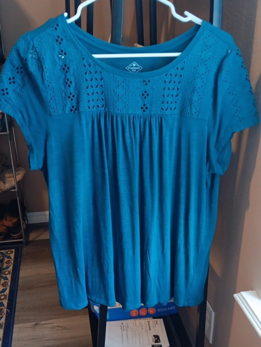 St. John's Bay Eyelet Yoke Short Sleeve Top, Pretty Teal Blue Color Size Large